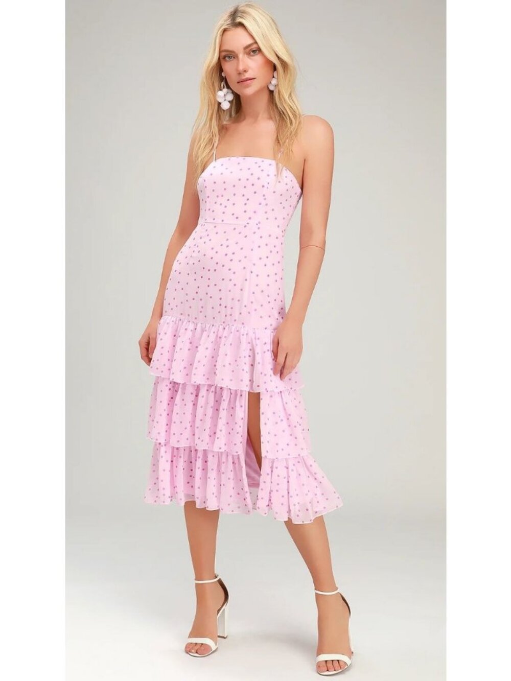 Lulus Nellie Pink Polka Dot Ruffled Midi Dress Women's Size Large New With Tags!